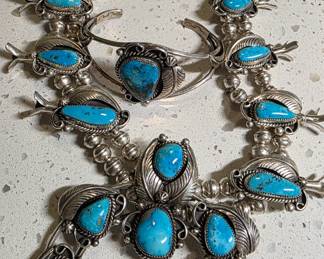 Morenci Turquoise Squash Blossom silver necklace and bracelet