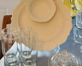 Gorgeous Set of Vintage Libbey 16oz "Sunburst" Base Drinking Glasses, a MCM N.S Gustin Chip & Dip Vegetable Serving Bowl, 14", and a Lovely Depression Era Colombia Crystal Butter Dish with Cover.