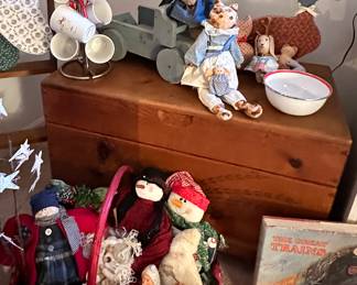 Stunning Hope Chest with Carved Wheat Pattern Shown with Various Folk Art Collectibles Including Vintage Cloth Cat Dolls, Lori Stallone "Gifts that Count", a Set of Oneida Holiday Mugs, a Lovely Boyds Bears J.B. Bean & Associates Investment Collectibles Bunny "Lucille", Fantastic New "The Great Trains" Edited by Bryan Morgan First Edition Sealed Book.