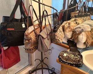 Gorgeous Pink Leather The Sak Shoulder Bag, Prada Zip Up Purse, Coach, Ralph Lauren and Dooney Burke Shown with Two New with Tags Blond Wigs by i. NVU B-Annie Wig in Latte.