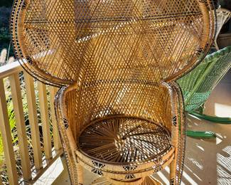 Vintage Boho Chic Handcrafted Beige & Black Wicker, Rattan & Reed Peacock Chair, 59.5"H x 38.5"W x 20.5"D