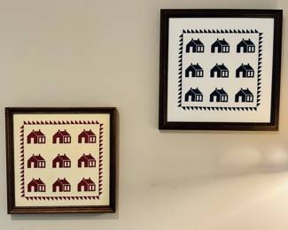 Two Handmade Needlepoint Pieces in the "School House Pattern" Both Professionally Framed, 13.5 " and 14".