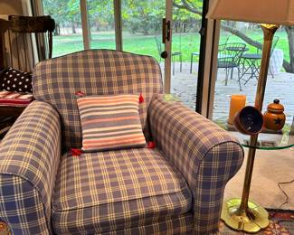 Vintage Ethan Allen Blue and White Striped Wingback Chair.