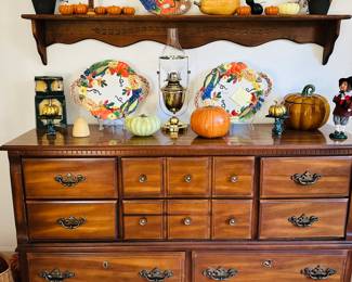 Beautiful Traditional Wood Dresser in Gorgeous Condition, 59.5" x 17.25"D x 32"H Shown with Incredible Gourd Shaped Candles, Vintage Eagle P&A Ships Kerosene Swivel Lamp, Three Fritz & Floyd Hand Painted Fall Themed Serving Trays and More!