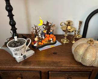Festive Decor Available Including a "Welcome, Great Pumpkin" Lighjted Sculpture by the Danbury Mint with COA (New in Box) and Small Sample of the Brass Candlesticks Available.