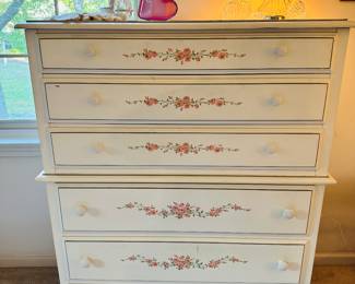 Beautiful Shabby Chic Cream Highboy Dresser with 6 Drawers and Hand Painted Floral Embellishment, H x 18"D x 36"W