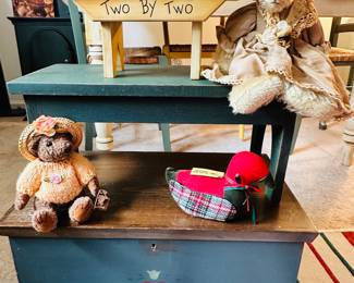 Wonderful Collection of Vintage Hand Painted Wooden Stools Including "Two by Two" Noah's Arc Display Stool, 12" x 5.5" x 6", a Bunnies By the Pay "Alice" Teddy Bear, Ducks and Company Red Plush Duck, a Bearland Tiny Teddy Bear Sitting on a Hand Painted Miniature Chest.