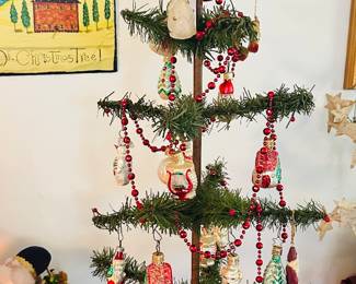 Antique German 28" Feather Tree, Artist Signed, Adorned with Hand Painted West German Ornaments Including Inge & Christborn Glass Blown Ornaments and More, Sold as a Set.