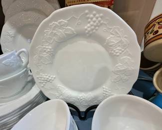 "Harvest Grape" Milk Glass Dinnerware by Indiana Colony 33 Piece Set, Service for 6.