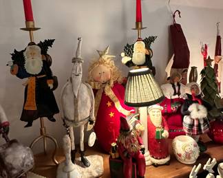 Whimsical Overly-Raker Collection "Gloria" 1996 Handmamde Plush Angel, a Lefton China "The Christopher Collection" Hand Painted Bell #03431, a Bill Jauquet for Roman Americana Collection Singing Santa, a Cresswell Collectibles Santa Table Lamp and Still More Amazing Christmas Collectibles.
