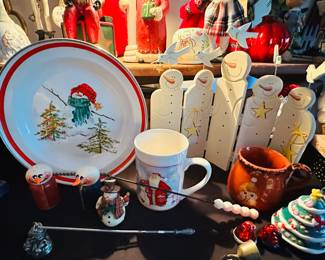Wonderful Mini Snowman Folding Screen Shown with Tennessee Clayworks Coffee Cup, Santa Hat Salt & Pepper Shakers, a Vintage Hallmark Mitford Snowman Enamel Pie Plate and More!