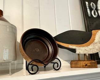 Still More Fantastic Pottery Available Including a Two-Toned Vintage 11" Stoneware Crock Jug, an 10.5" Hand Painted Wooden Goose and Stamped German Pottery Planter.