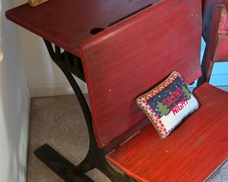 Up Close View of the Incredible Vintage Sears Roebuck & Co School Desk in Red with Cast Iron Base. 