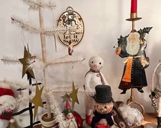 Another Fabulous Feather Tree, This one Adorned with Golden Stars Hand Crafted by Hatten & Signed by Artist, a 1977 Roman Snowman, a Pair of 18" Old World Santa Candle Holders Hand Painted and Yes, much More!