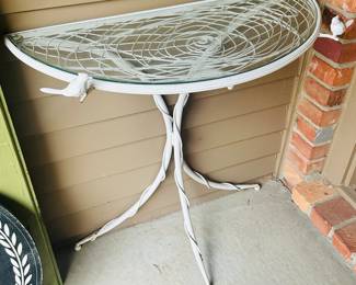Gorgeous White Outdoor Vintage Wrought Iron Console Table with Sweet Cardinal Embellishments and Nest Design Under Glass.