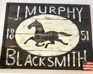 Detailed View of the Ethan Allen Hand Painted J. Murphy Blacksmith Sign on Wooden Slats, 37" x 48"