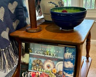 Wonderful Mid-Century Modern Maple Magazine Rack End Table, 17.75"W x 23.5"D x 22H Shown with Great Home Decor and Coffee Table Books.