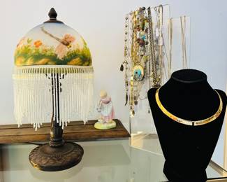 Victorian Boudoir Table Lamp 15" with Hand painted Dome Shade and Beaded Fringe Gorgeous Vintage Napier Gold Toned Snake Chain.