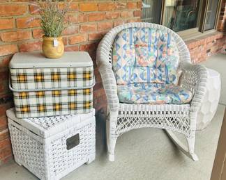 Vintage White Wicker Rocking Chair with Custom Pads Shown with a Vintage "Skotch Cooler" and White Wicker Storage Chest Box with Brass Hinges.