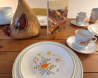 Lovely "Corelle Wildflower" by Corning Dinnerware Service for 4, 38 pc Set, Shown with a Fantastic Craft "Crowing Hen" 9"x 12" & Mary Engelbreit's "Home Companion Collections Book.