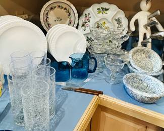 Royal Worcester "Herbs" 6 Section Crudite Plate, Duncan & Miller Clear Pressed Low Sherbert Glasses (Several Sets), Vintage Corning White "Tulip" Dishes, Roseville Pottery Ceramic Bowls and Gorgeous Crackle Glass Cipe