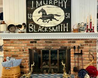 Gorgeous Mantle & Hearth Shown with a J. Murphy Blacksmith Sign Painted on Wooden Slats, 37" x 48" & Additional Decor Available.