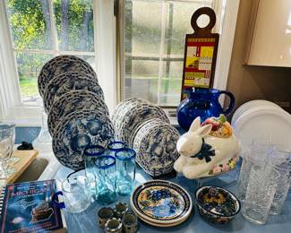 Stunning Hand-Blown Glass Cobalt Blue Vintage Ball Bubble Pitcher, Shown with a Pier One Three Piece Place Setting for 4 in "Basketweave" and Pier 1 Imports Handblown Crackle Glasses, Signed Cat Mexico 347 Set of 4 Napkin Rings and More!