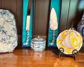 Beautiful Bone China Available Includes Royal Stafford Oversize Plate/Charger, a 222 Fifth Square Bone China Platter in the "Adelaide Blue" Pattern, and Royal Albert Teacup and Saucer in "Rosedale", Beautiful Brill Stainless and Porcelain Cake Serving Set and More!