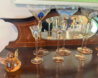 Wonderful Enesco Glass Controlled Bullicante Bubbles Peach Bird and Shown with Rare Meyr's Neffe Art Nouveau Hand Painted Enamel Hock Wine Glasses.