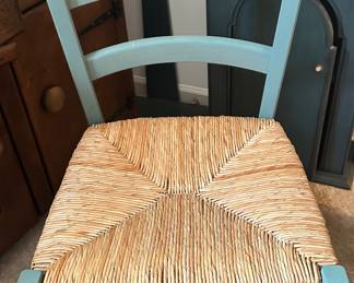 Lovely Collection of Italian Made Venezia Dining Chairs with Woven Rush Seat, 3 Available in Green, 2 in Black and 2 Slightly Smaller in Yellow, 16"W x 15"D x 34"H.