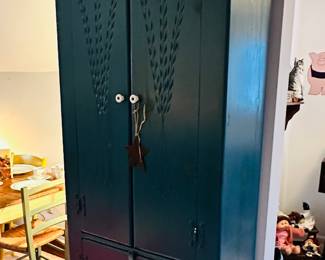 Wonderful Farmhouse Style Painted Larder Cupboard with Wheat Carved Details, 24"W x 13.5"D x 78"H.
