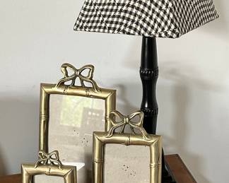 Vintage Brass Faux Bamboo and Bow Picture Frames, Set of Three, a Rare LE Smith Glass Amber Turtle Fairly Lamp 2- Piece Candle Votive & Another Black Wooden Painted Table Lamp with Fabulous Black Checkered Shade,