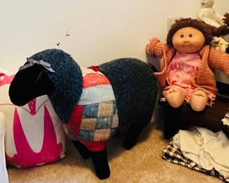 Vintage Cabbage Patch Doll "Chelsea Monica" with Official Adoption Certificate and Clothes! Shown with a Hand Made Canterbury Arts Doll, Handcrafted Sheep made with Antique Quilts & More!