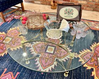 Wonderful Vintage LaBarge Style Hollywood Regency Brass and Glass Top Table, Base is 32" Wide, Glass is 42"W.