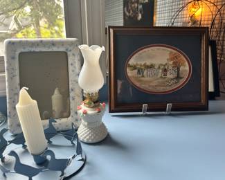 , Shown with a Sweet Mid Century Modern White Milk Glass Kerosene Oil Lamp with Pink Rose Accents and More!