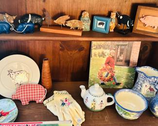 If You Love Pigs you Will Enjoy our Upstairs Boutique! Many Ceramic and Hand Painted Wooden Figurines, Melamine Keller-Charles Plates, a Collection of Molly Dallas Spatterware.