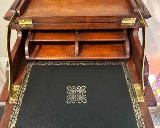Lovely Up Close Detail of the Interior Theodore Alexander Mini Secretary Desk with Leather Embossed Writing Surface.