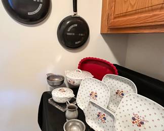 Two Tramontina Frying Pans Shown with a Vintage Set of Lidded Soup Bowl and Matching Pieces by Fairwinds.