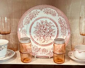 Vintage Pink Transferware Bone China Plate, Shown with Very Cool Hoosier Cabinet Pink Depression Glass Jar Salt & Pepper Shakers and More.