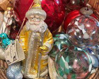 Detailed View of the Kurt Adler, Inc (KSA Collectibles) Polonaise Collection by Komozja Hand Blown and Hand Painted Santa, Shown with Glass Blown Bulbs, a Pair of Vintage Kugel Glass Ornament, and Vintage German Clip on Bird Ornaments.