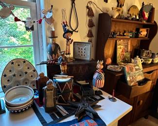 Vtg. Wolf Creek Style Folk Art Hand Painted Farmer Whirligigs, Vtg. Red ware Pottery Bear Figurine Holding Book, Lori Mitchell "Uncle Doodle Dandy" Patriotic Figuring and Mrs., Custom Quilt Minis and Much More!