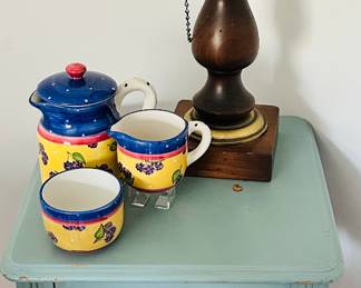 Great Farmhouse Style Side Table 16" x 28", a Vintage Fenton Milk Glass and Wood Base Hurricane Lamp and an Essex Collection by Heather Outlaw , "Tutti Frutti BlackBerry" Ceramic 4 Piece Set.