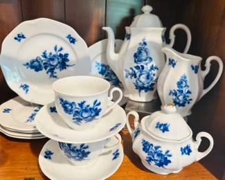 Czechoslovakia "Cobalt Underglaze" Tea Set, Set Includes 6 Desert Plates, 6 Saucers, 6 Teacups, Lidded Sugar, Teapot and Creamer.