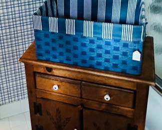 Rustic 1 Drawer, 2 Door Wood End Table Shown with Great Storage Totes.