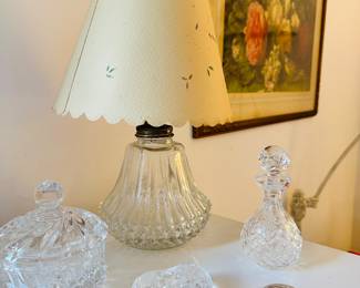 Great Cut Crystal Available Shown with a Dainty Princess House Heritage Romance Collection Boudoir Lamp, Waterford Heart Paperweight and Juicy Couture Silver Makeup Mirror.