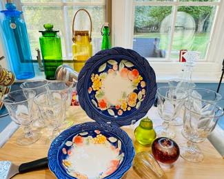 Fabulous Tiffin Franciscan, "Canterbury" 6" Water Goblets, Two Sets of 4 Available, Shown with Signed Art Glass and Brunelli Italy signed Tiffany Bowl and Plate and Antique 1888 Millville Bottle Works Beer Bottle in Emerald Green With Original Top.