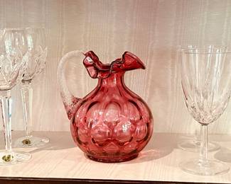 In the Center is a Stunning Vintage Fenton Cranberry Dot Optic Glass Pitcher with Ruffled Spout, 7", More WaterFord Crystal "Lucerne" Wine Glasses (Brand New) and a Cristal D'arques Durand Diamant Water Goblet 4-Piece Set.