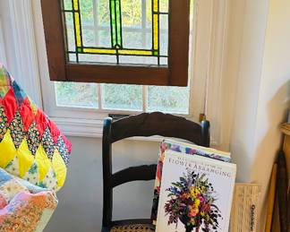 Wonderful Caned Side Chair, 17"W x 16.5"D x 31.5"HShown with a Sample of the Great Coffee Table Books Available and Another Fantastic Framed Glass Window, 17.5" x 27".