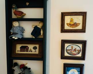Vintage Blue Hanging Ladder Style Wall Shelf Displaying Various Folk Art and Country Style Decorative Items and a Pair of Framed Sherry Gelmine Signed and Numbered Limited Edition Watercolor Paintings of Teddy Bears 6.5" x 5.5" and One of Dolls in a Baby Carriage.