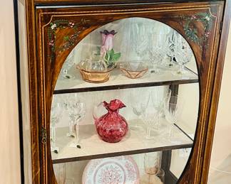 Stunning Early 20th Century Mahogany Display Cabinet with Lined Shelves and Stunning Painted Floral Decoration.